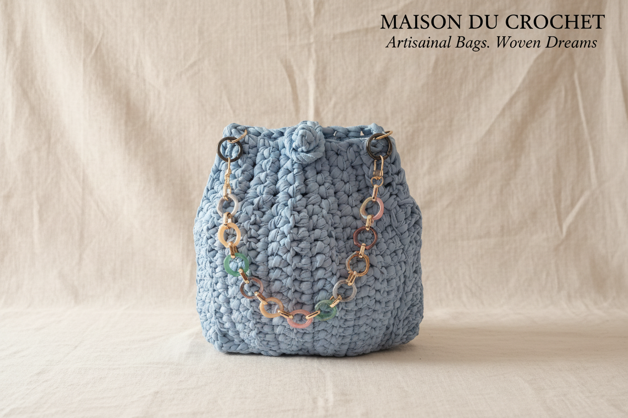 Borsa azzurra su sfondo Maison du Crochet