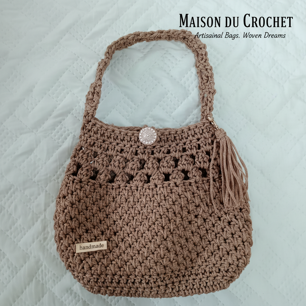 Borsa uncinetto tortora con nappina – Maison du Crochet