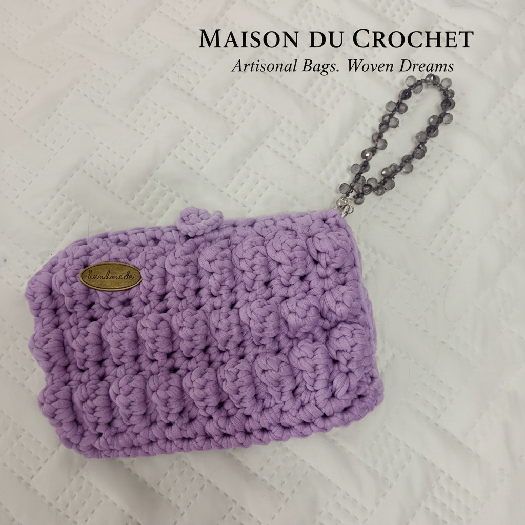 Pochette uncinetto lilla con perle grigie – Maison du Crochet